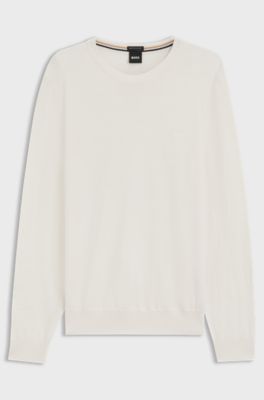 Regular-fit sweater in virgin wool with embroidered logo, Natural