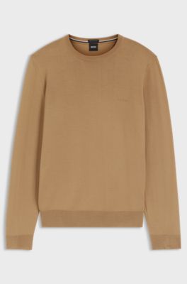 Regular-fit sweater in virgin wool with embroidered logo, Beige