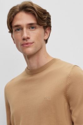 Regular-fit sweater in virgin wool with embroidered logo, Beige
