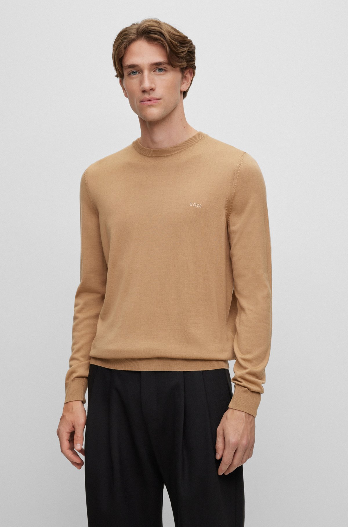 Logo-embroidered sweater in responsible wool, Beige