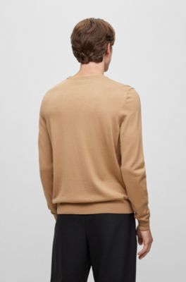 Regular-fit sweater in virgin wool with embroidered logo, Beige