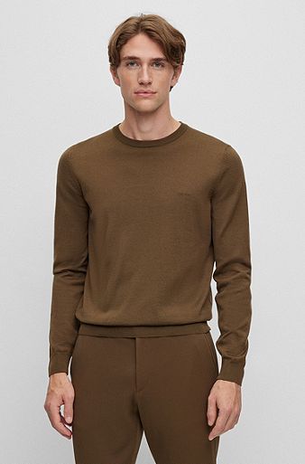Logo-embroidered sweater in responsible wool, Khaki