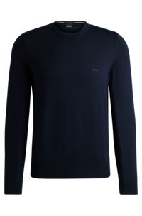Crew-neck sweater in virgin wool with embroidered logo, Dark Blue