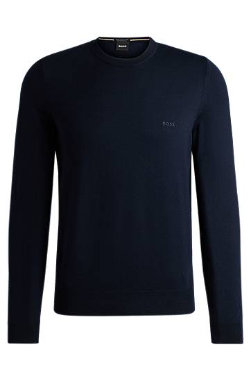 Crew-neck sweater in virgin wool with embroidered logo, Hugo boss