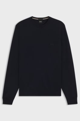 Regular-fit sweater in virgin wool with embroidered logo, Dark Blue