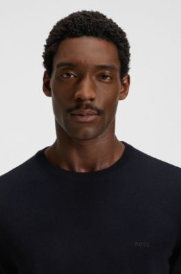 Pull Regular en laine vierge avec logo brod&eacute;, Bleu fonc&eacute;