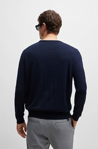 Logo-embroidered sweater in responsible wool, Dark Blue