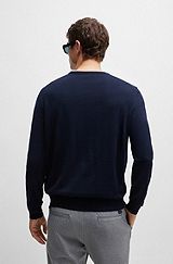 Crew-neck sweater in virgin wool with embroidered logo, Dark Blue