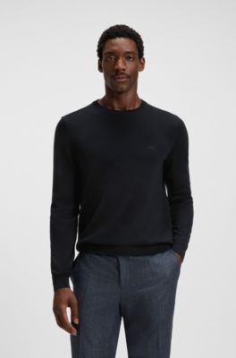 Regular-fit sweater in virgin wool with embroidered logo, Dark Blue