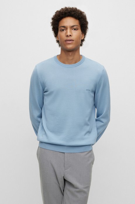 Logo-embroidered sweater in responsible wool, Light Blue