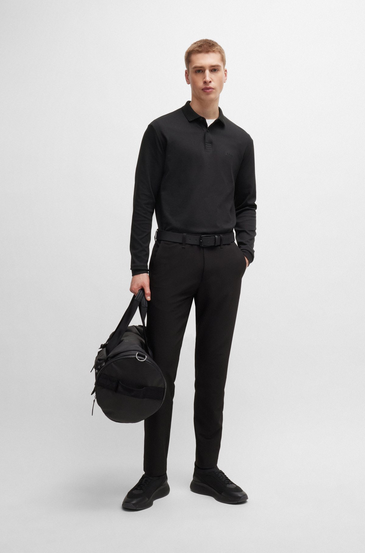 Interlock-cotton polo shirt with tonal logo, Black