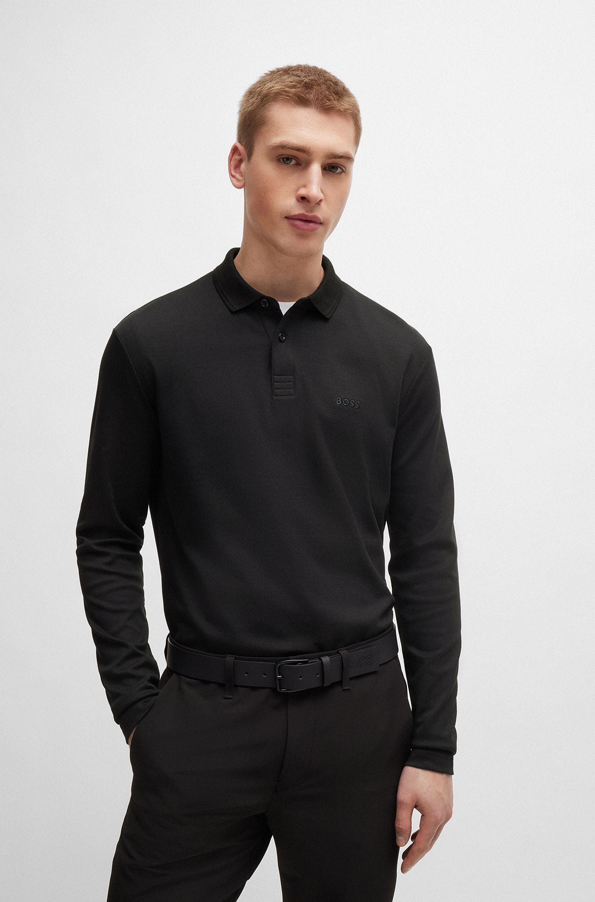 Longsleeve-Poloshirt aus Interlock-Baumwolle mit tonalem Logo, Schwarz