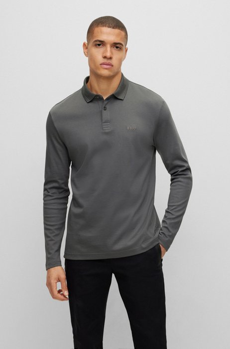 Interlock-cotton polo shirt with tonal logo, Dark Grey
