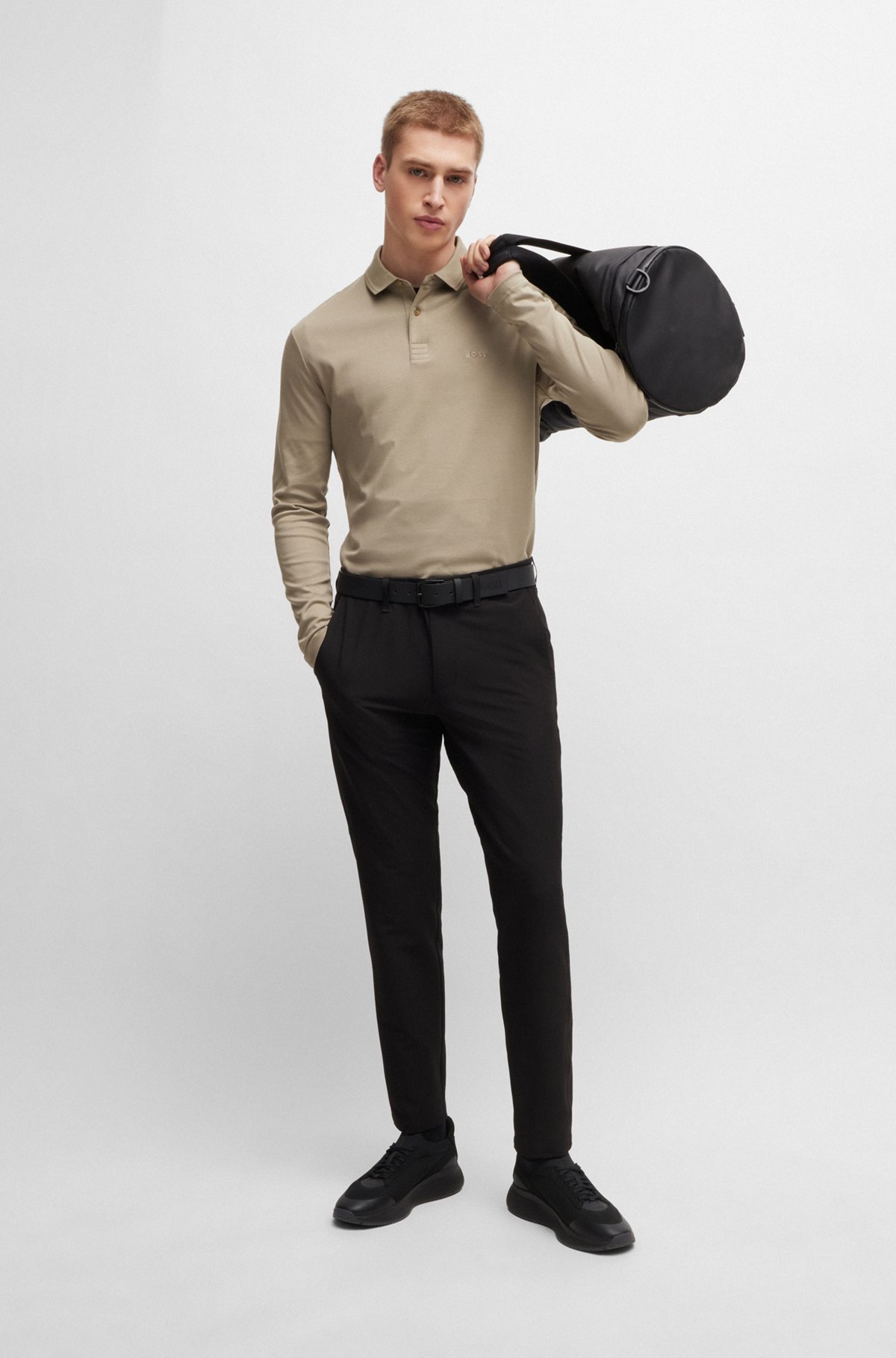Interlock-cotton polo shirt with tonal logo, Khaki
