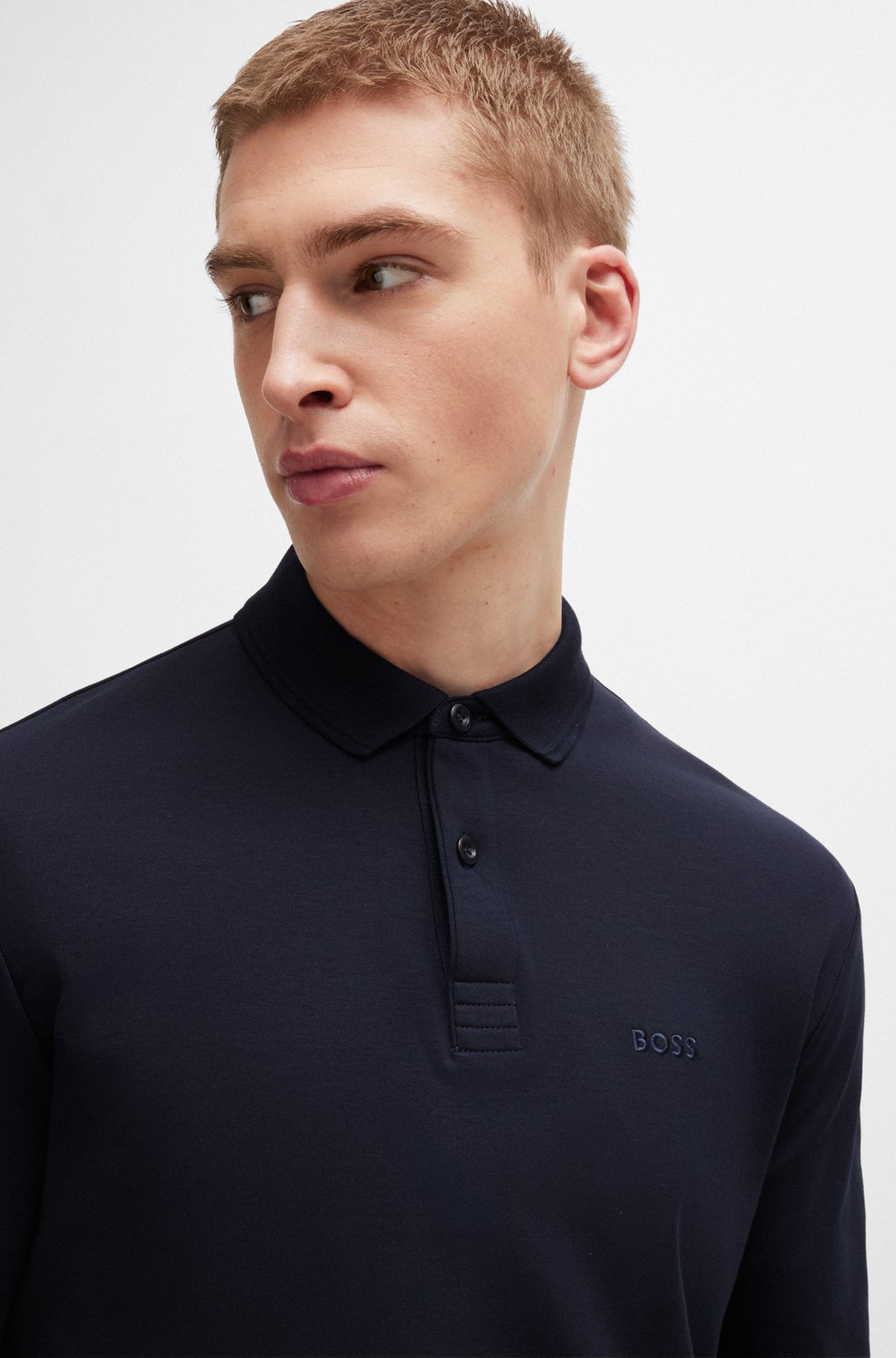 Interlock-cotton polo shirt with tonal logo, Dark Blue