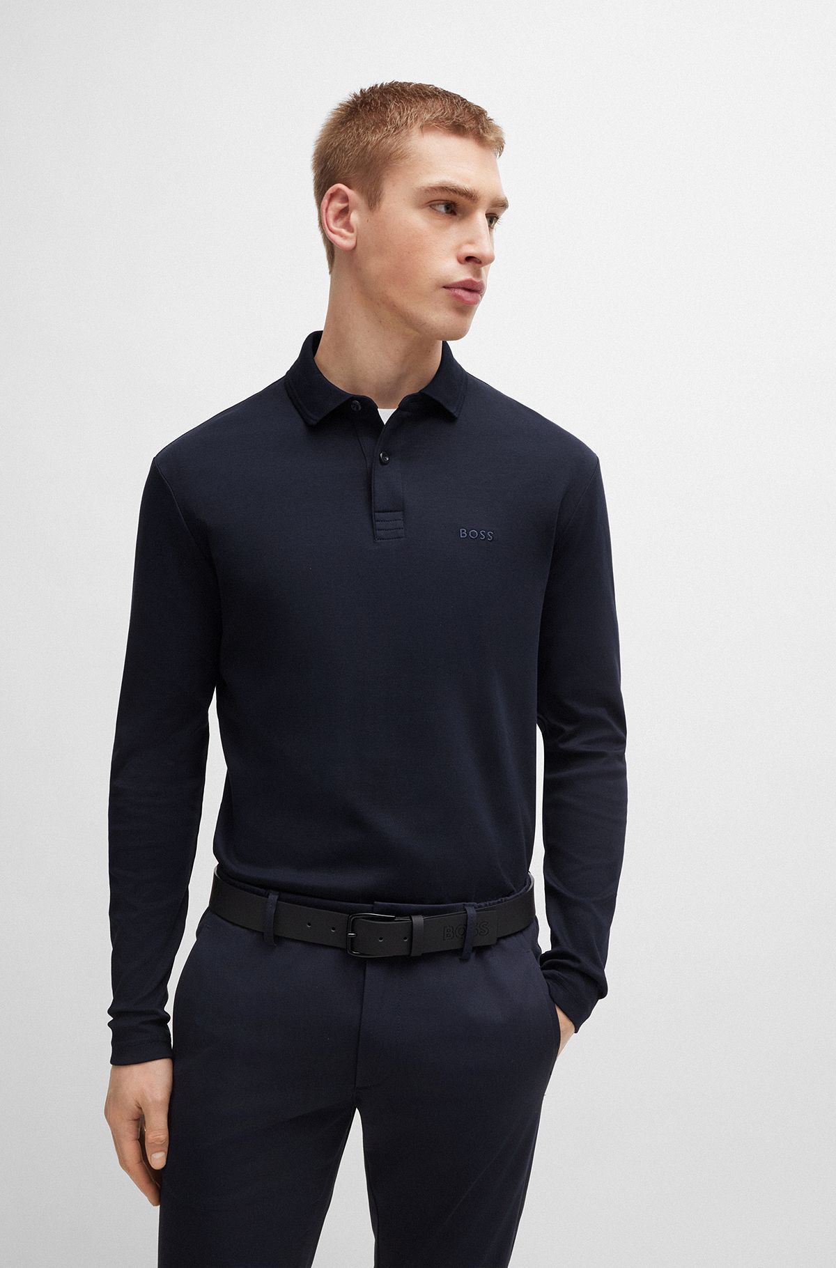 Interlock-cotton polo shirt with tonal logo, Dark Blue