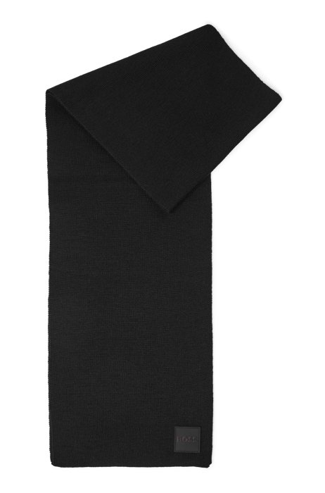 Ribbed scarf in soft yarns with silicone logo badge, Black