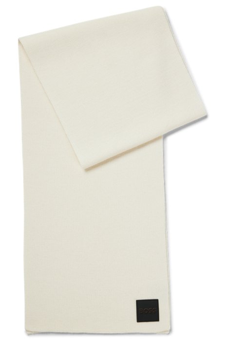 Écharpe côtelée en fils doux avec badge logo en silicone, Blanc