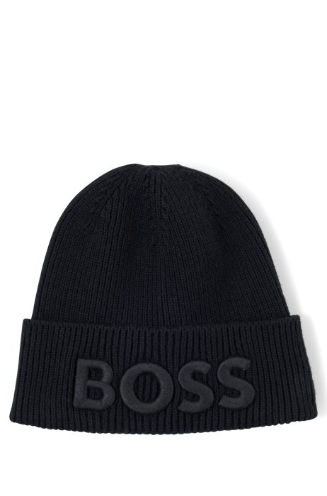 Cotton-blend beanie hat with 3D embroidered logo, Black