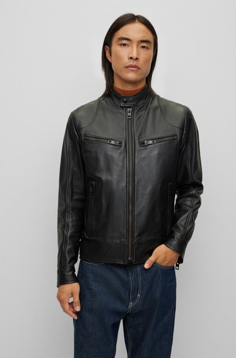 Nappa-leather biker jacket with chunky zips, Black