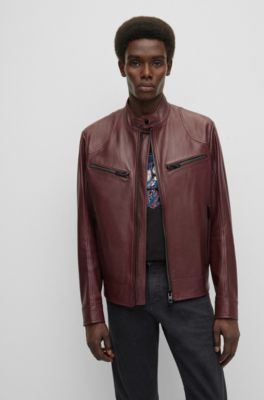 BOSS Leather Biker Jacket With Chunky Zips