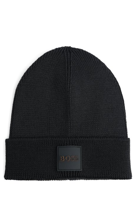 Ribbed beanie hat with silicone logo badge, Black