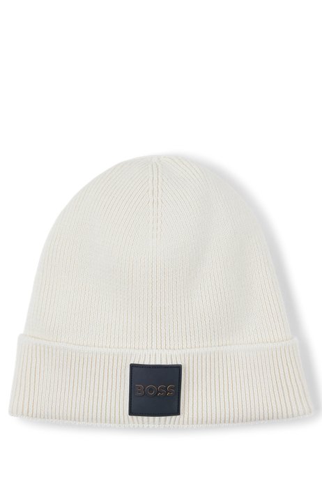 Ribbed beanie hat with silicone logo badge, White