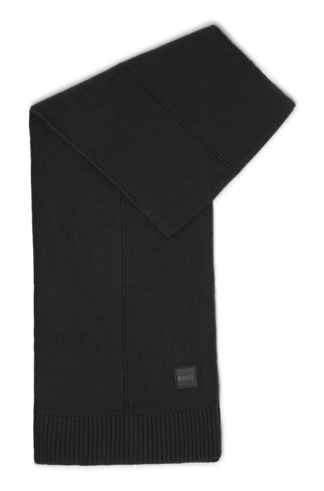 Plain-knit scarf with woven logo badge, Black
