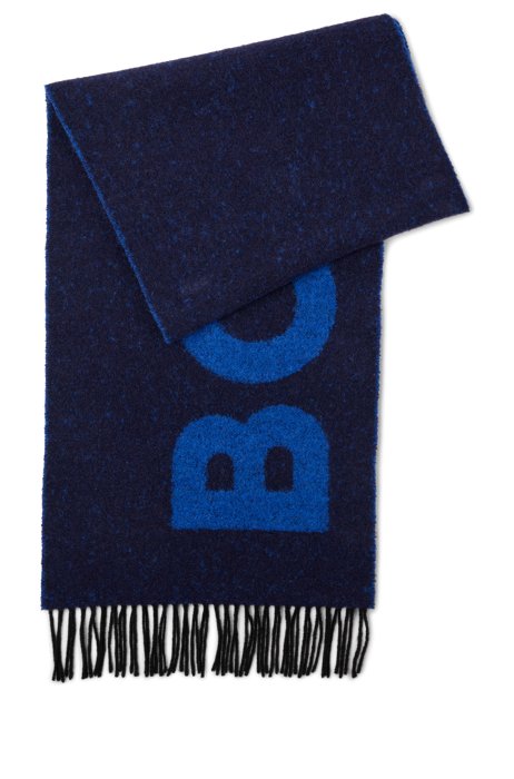 Italian-made logo scarf in wool-blend bouclé, Dark Blue