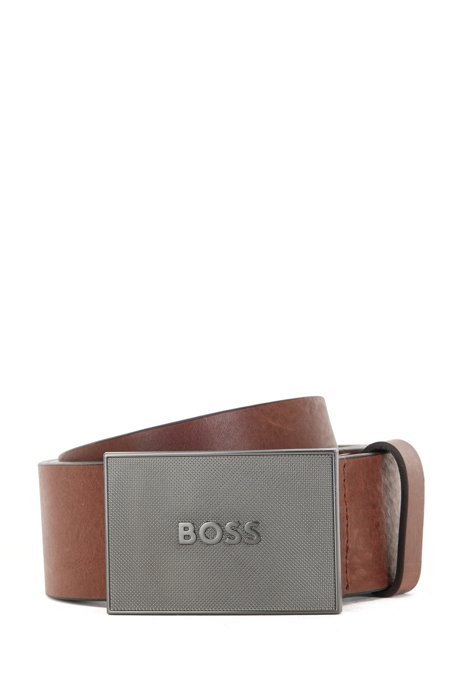 Italian-leather belt with textured plaque buckle, Dark Brown