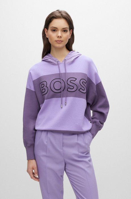 Organic-cotton hoodie with logo and block stripes, Purple