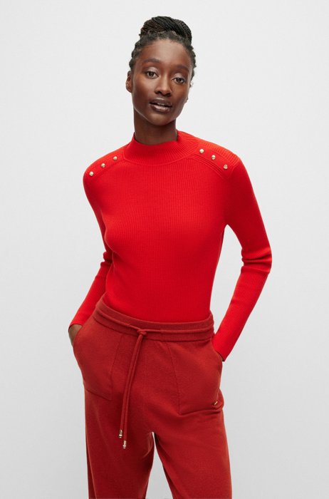 Slim-fit long-sleeved sweater with polished buttons, Red