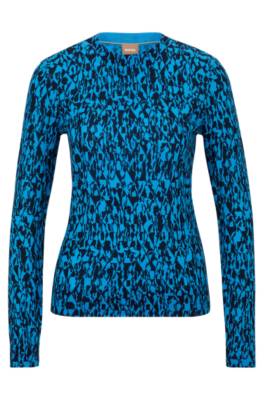 Hugo Boss Slim-fit Sweater In Printed Merino Wool In Blue