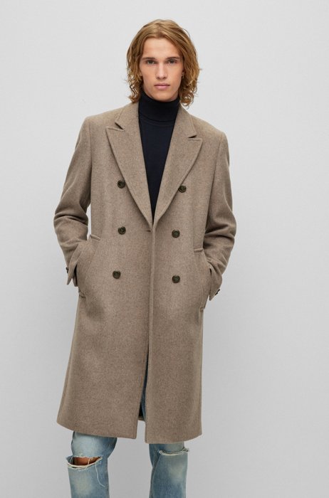 Slim-fit double-breasted coat in a wool blend, Beige