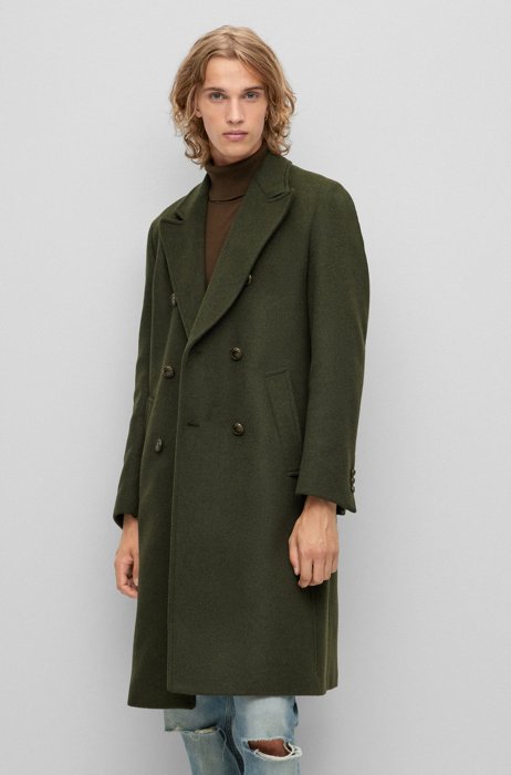 Slim-fit double-breasted coat in a wool blend, Dark Green
