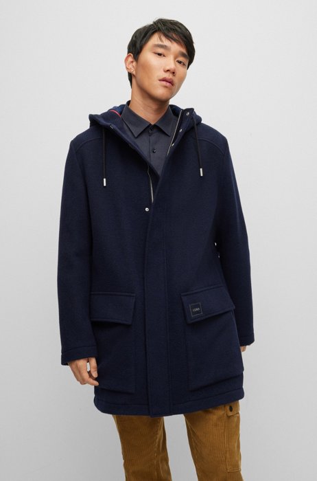 Regular-fit coat with drawstring hood, Dark Blue