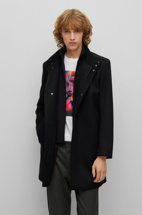 Wool-blend coat with inner jacket, Black
