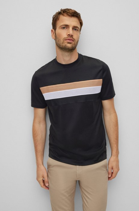 T-shirt en coton mercerisé à rayures emblématiques en mesh, Noir