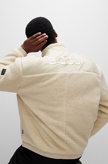 BOSS 博斯同色装饰棉质毛绒面料拉链运动衫,  131_Open White