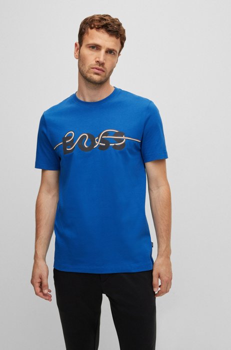 Cotton-jersey slim-fit T-shirt with logo artwork, Blue