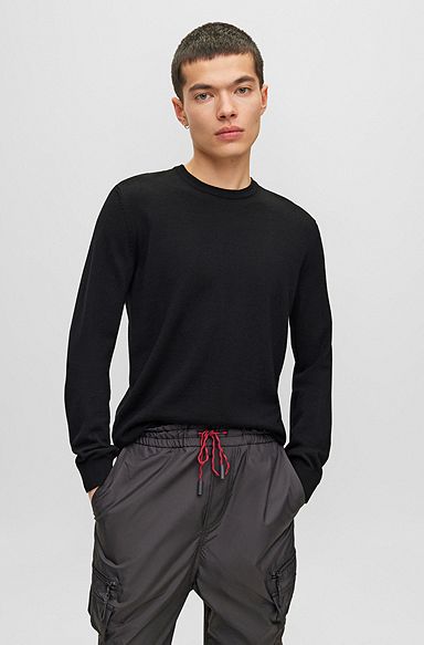 Virgin-wool sweater with embroidered logo, Black