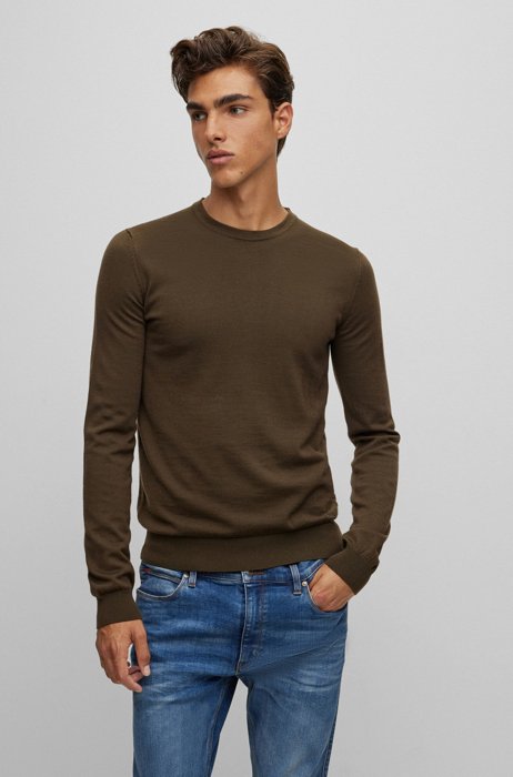Slim-fit sweater in extra-fine merino wool, Dark Green
