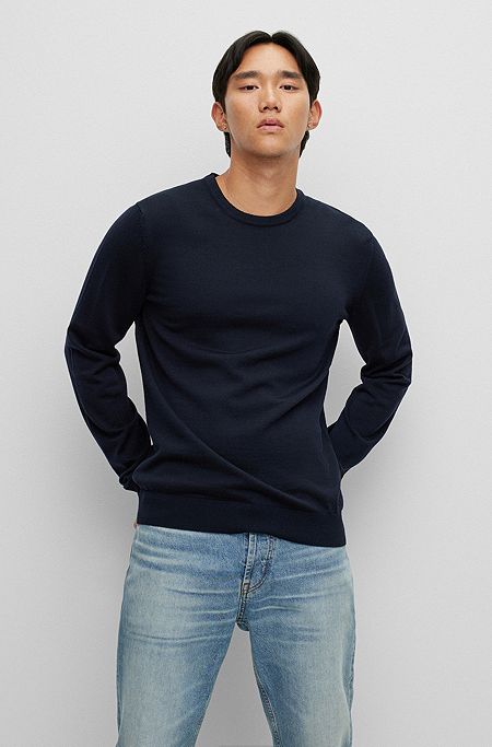 Slim-fit sweater in extra-fine merino wool, Dark Blue