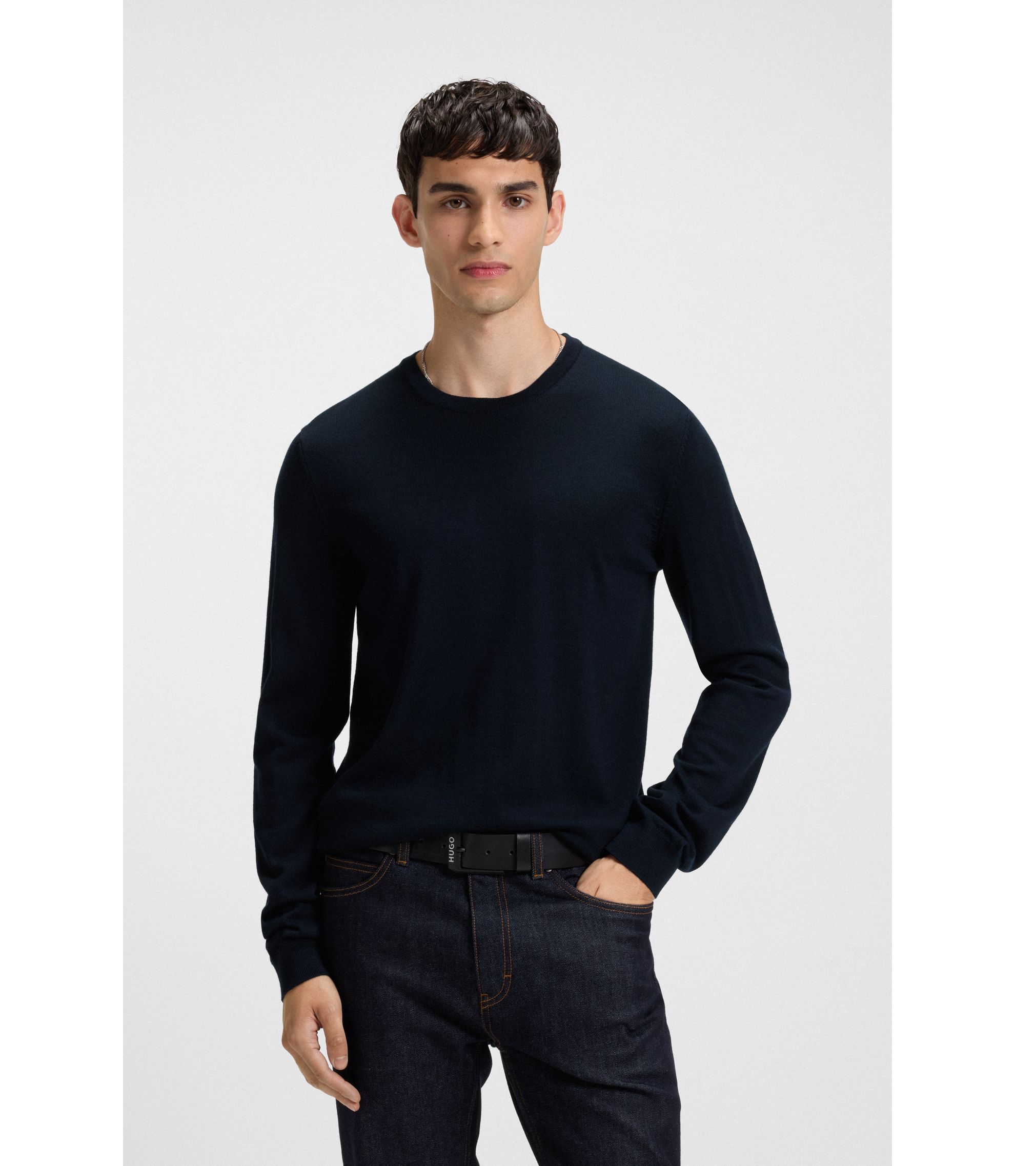 HUGO - Merino-wool sweater with embroidered logo - Dark Blue