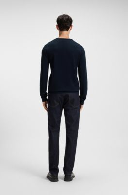Merino-wool sweater with embroidered logo, Dark Blue