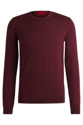 Shop Hugo Virgin-wool Sweater With Embroidered Logo In Dark Red