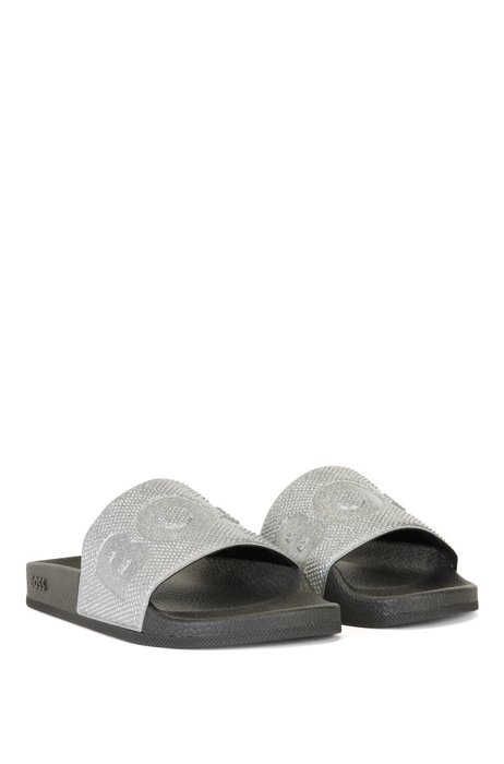 Italian-made slides with structured strap and tonal logo, Silver