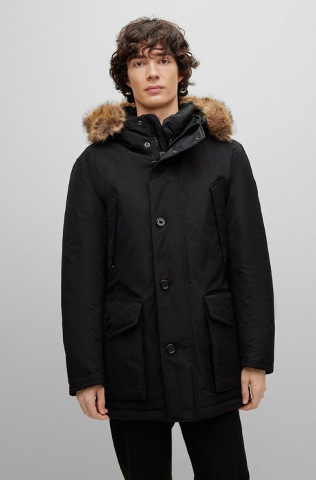 Water-repellent down jacket with faux-fur trimmed hood, Black