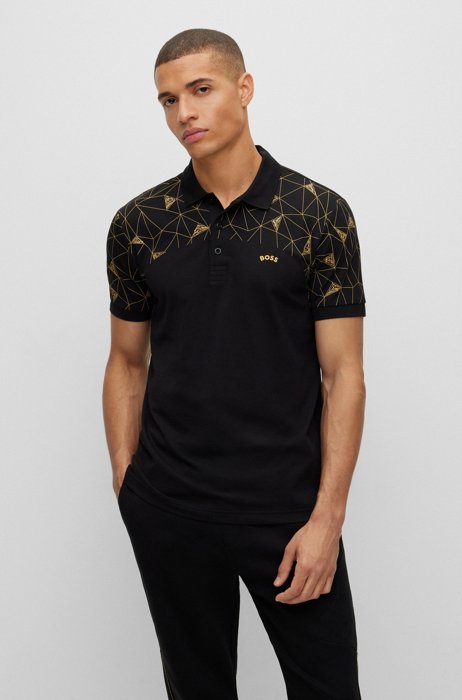 Cotton-blend slim-fit polo shirt with grid artwork, Black