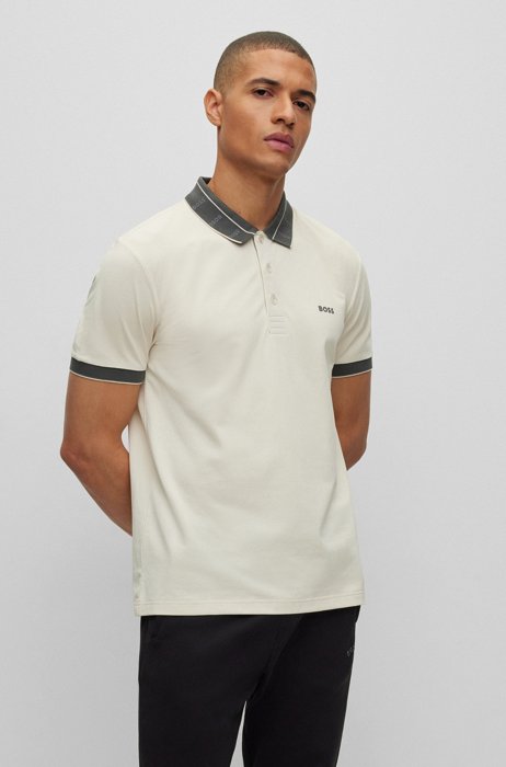 Slim-fit polo shirt with logo-print collar, White